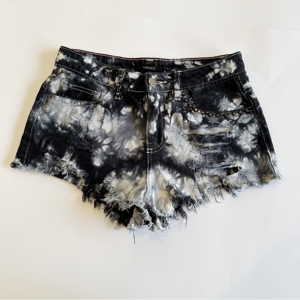 High Waisted Black and White Tie-Dye Booty Shorts Denim Jean Rhinestone